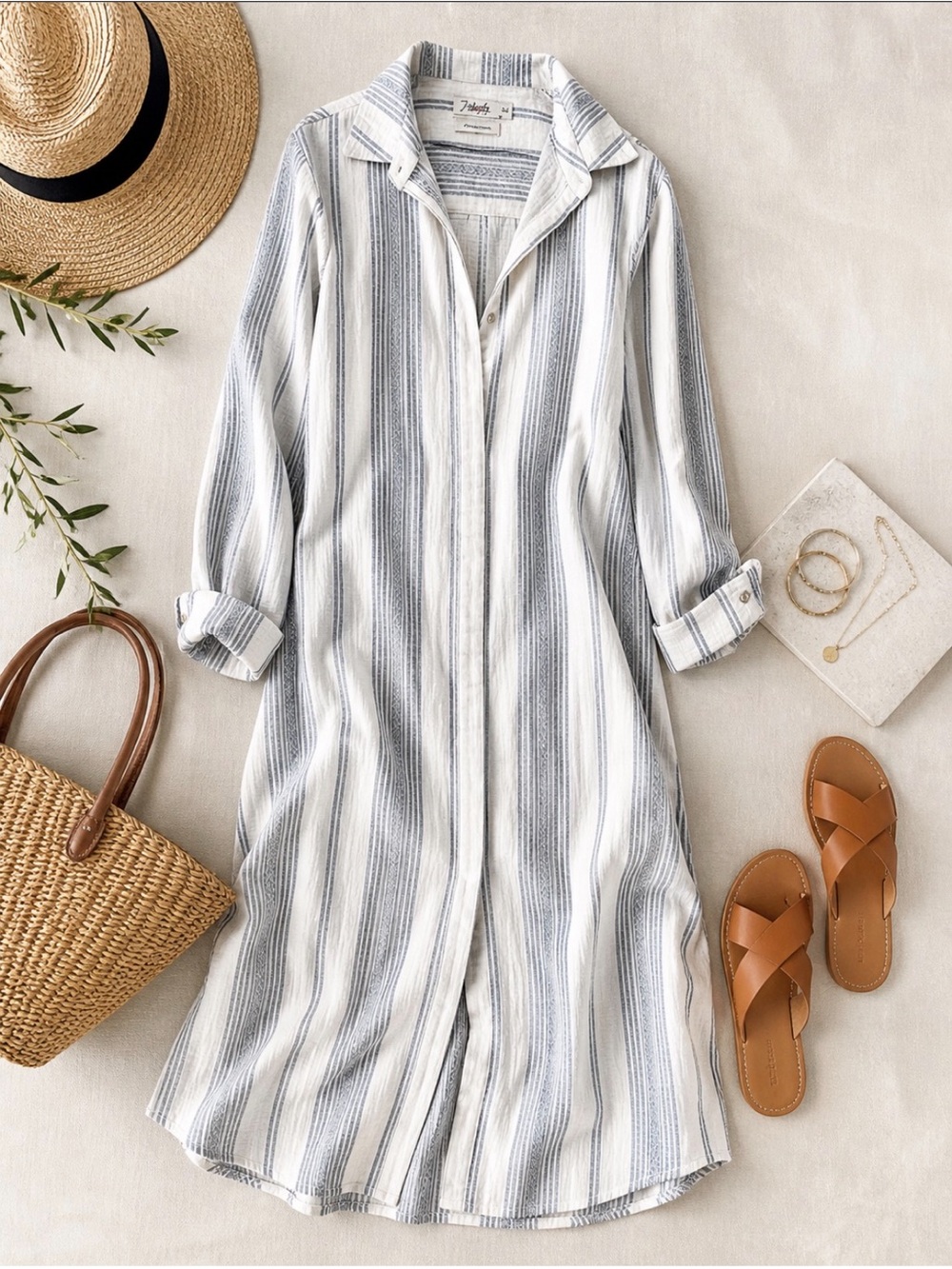 Faherty Blue and White Vertical-Striped Midi Shirtdress